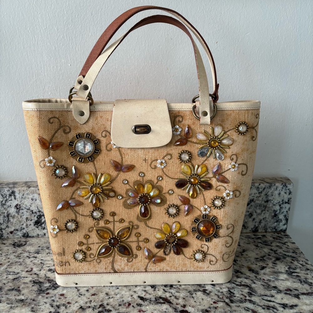 Enid Collins Of Texas Vintage Wooden Box Bottom Purse- Jewel Garden - Beaded